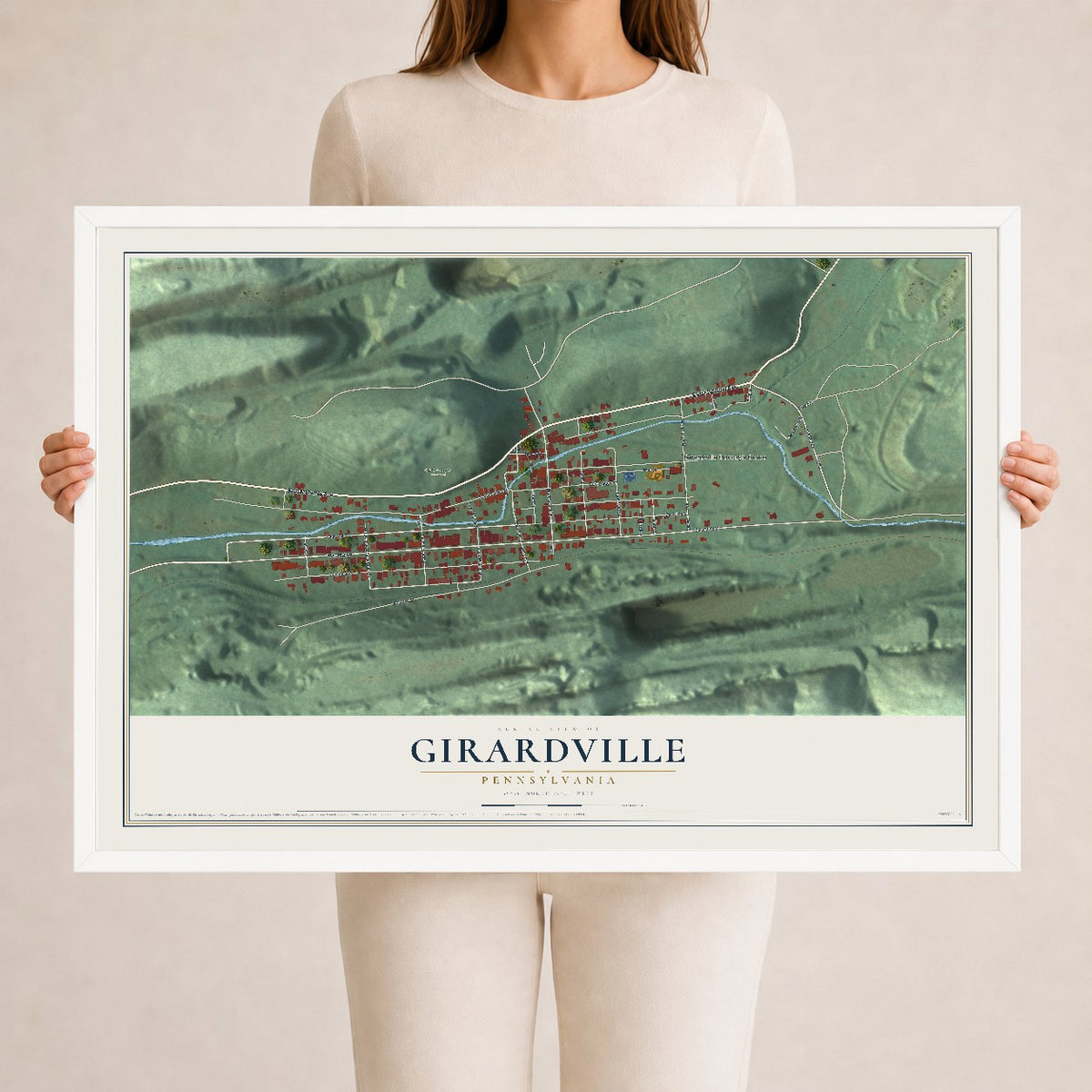 Map of Girardville, Pennsylvania, 24 x 36 inch print in a white wood frame