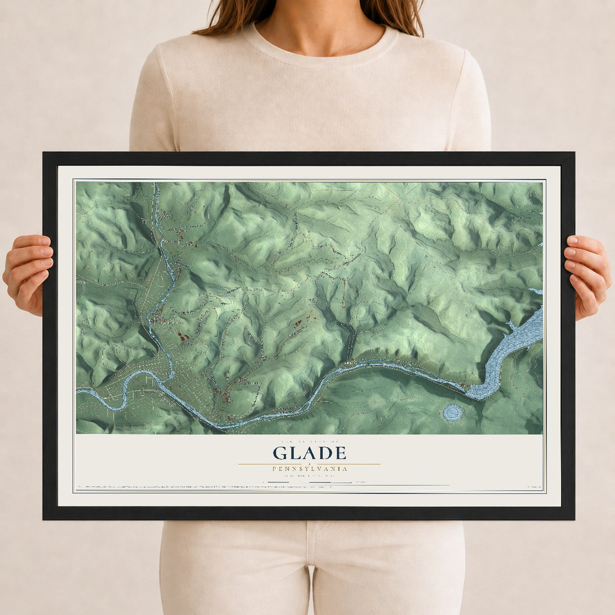 Map of Glade, Pennsylvania, 12 x 18 inch print in a black wood frame
