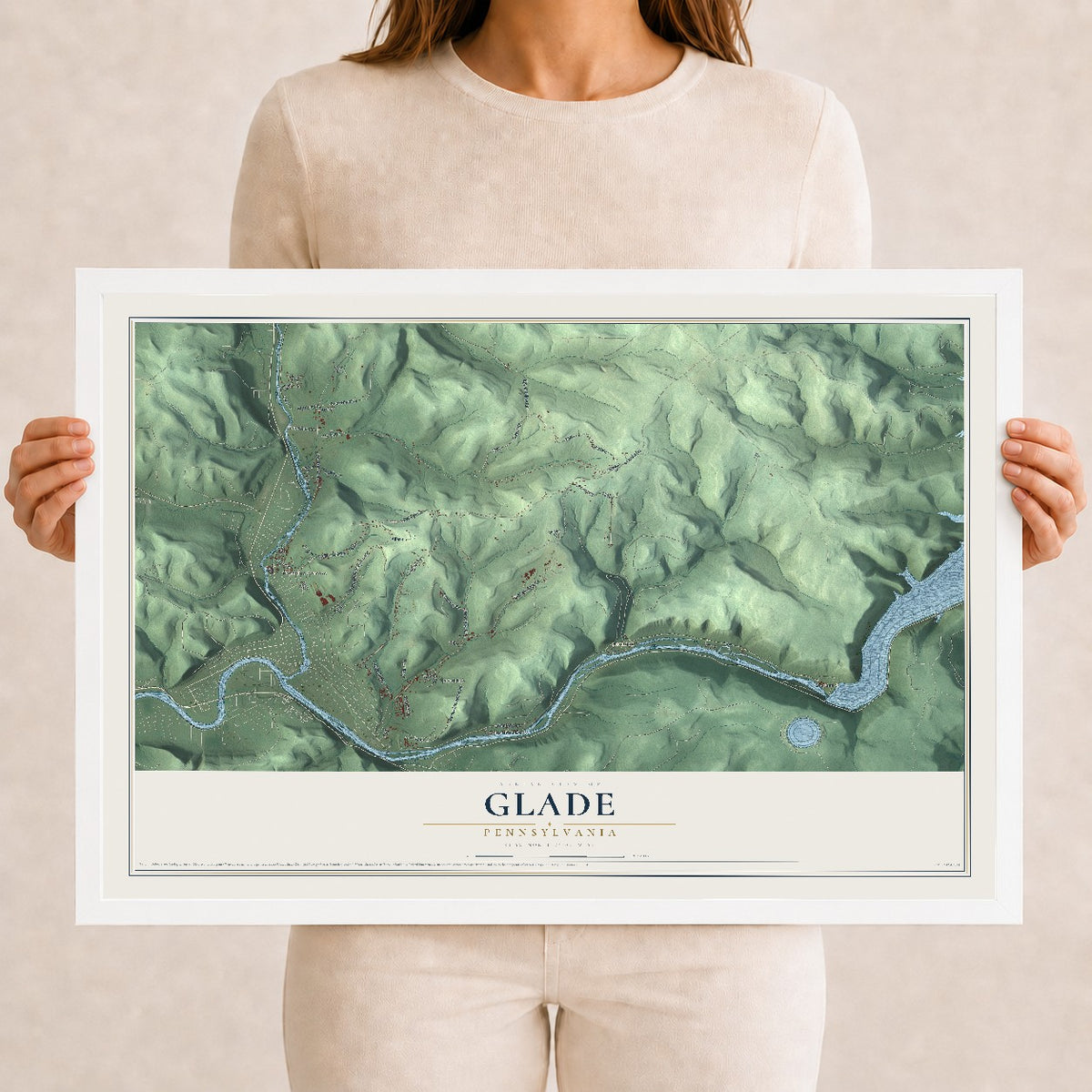 Map of Glade, Pennsylvania, 12 x 18 inch print in a white wood frame