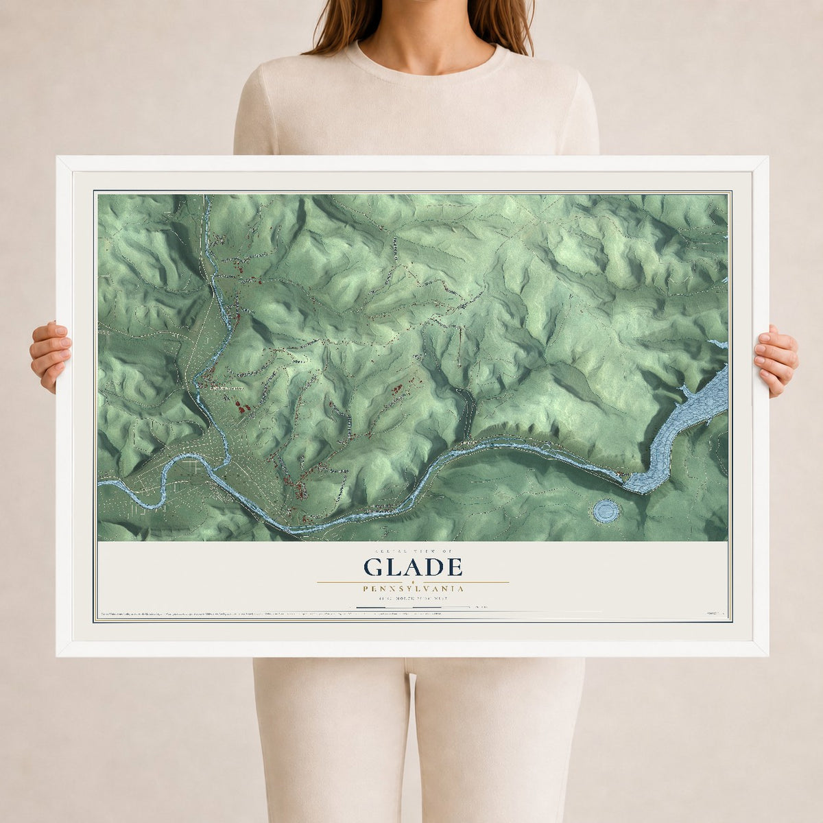 Map of Glade, Pennsylvania, 24 x 36 inch print in a white wood frame