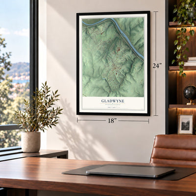 Gladwyne, Pennsylvania map, 18 x 24 inch print in a black frame in a home office
