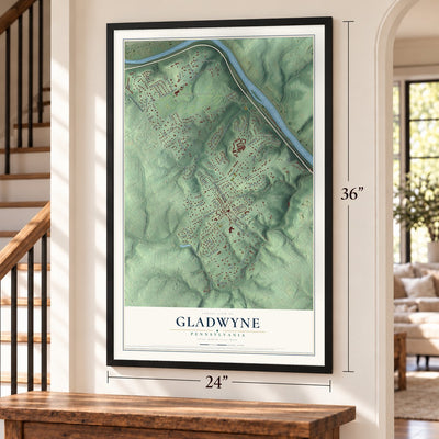Gladwyne, Pennsylvania map, 24 x 36 inch print in a black frame by a staircase