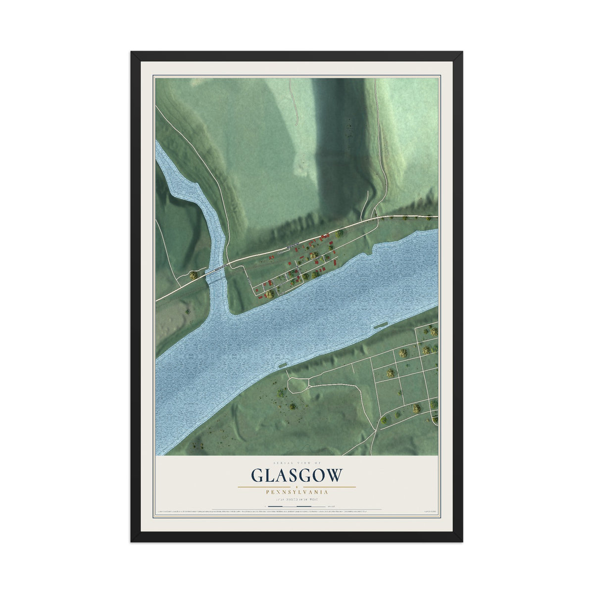 Map of Glasgow, Pennsylvania, 12 x 18 inch print in a black wood frame