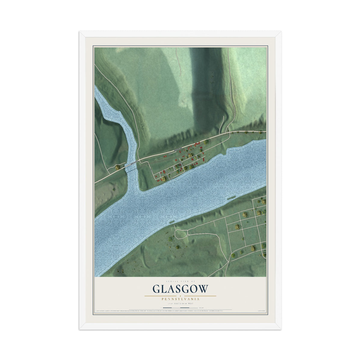 Map of Glasgow, Pennsylvania, 12 x 18 inch print in a white wood frame