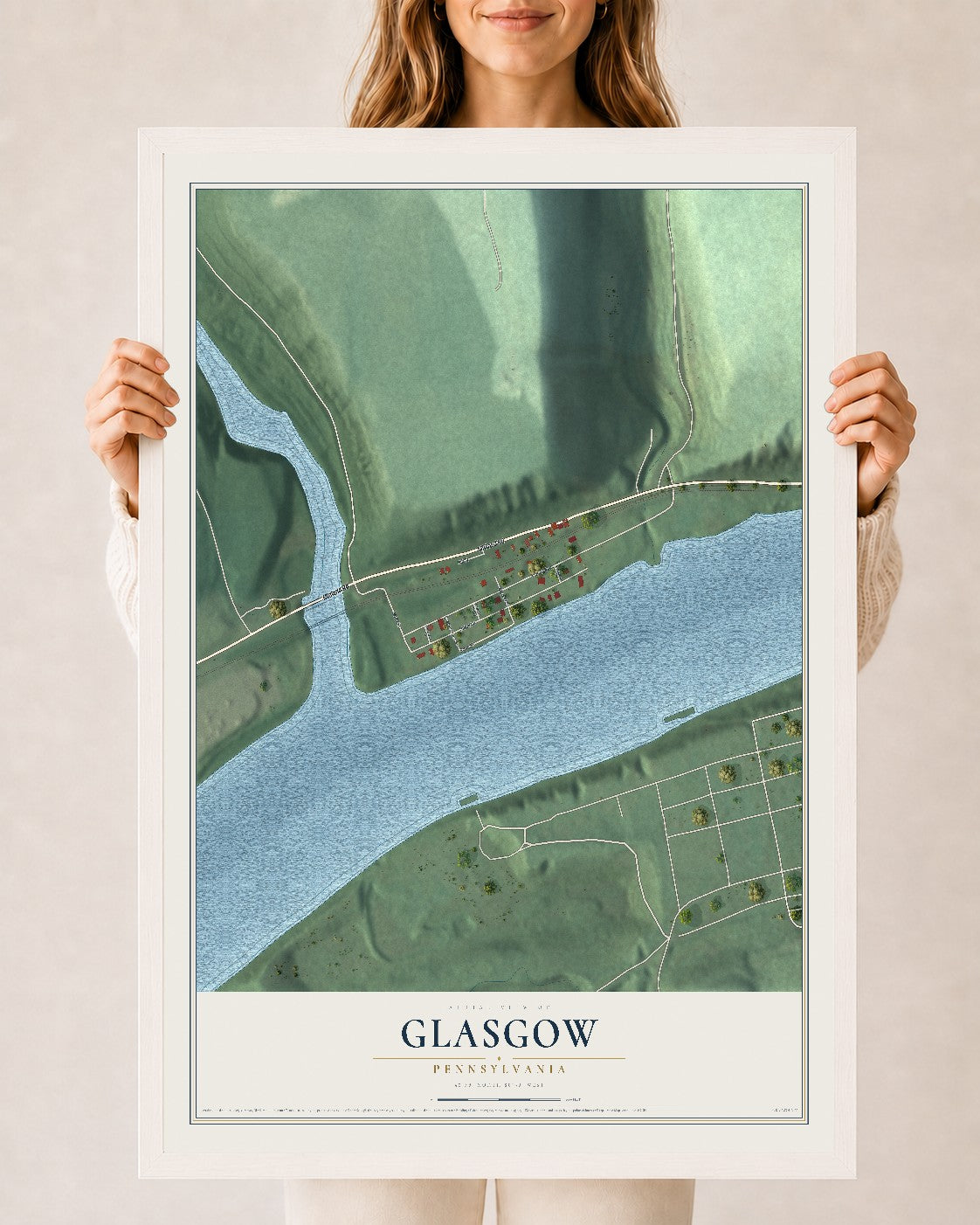 Map of Glasgow, Pennsylvania, 24 x 36 inch print in a white wood frame
