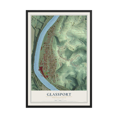 Map of Glassport, Pennsylvania, 12 x 18 inch print in a black wood frame