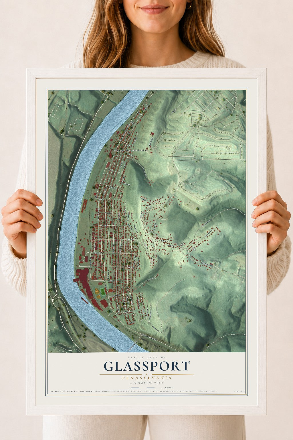 Map of Glassport, Pennsylvania, 18 x 24 inch print in a white wood frame