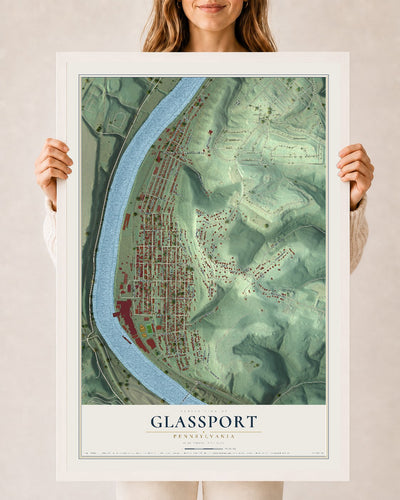 Map of Glassport, Pennsylvania, 24 x 36 inch print in a white wood frame