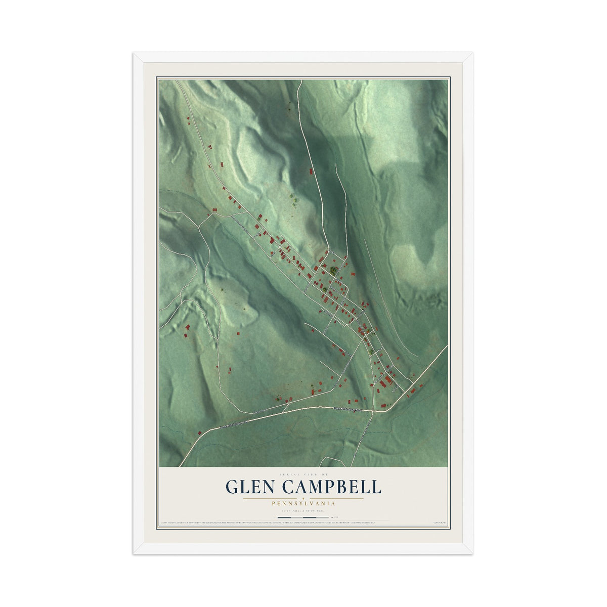 Map of Glen Campbell, Pennsylvania, 12 x 18 inch print in a white wood frame