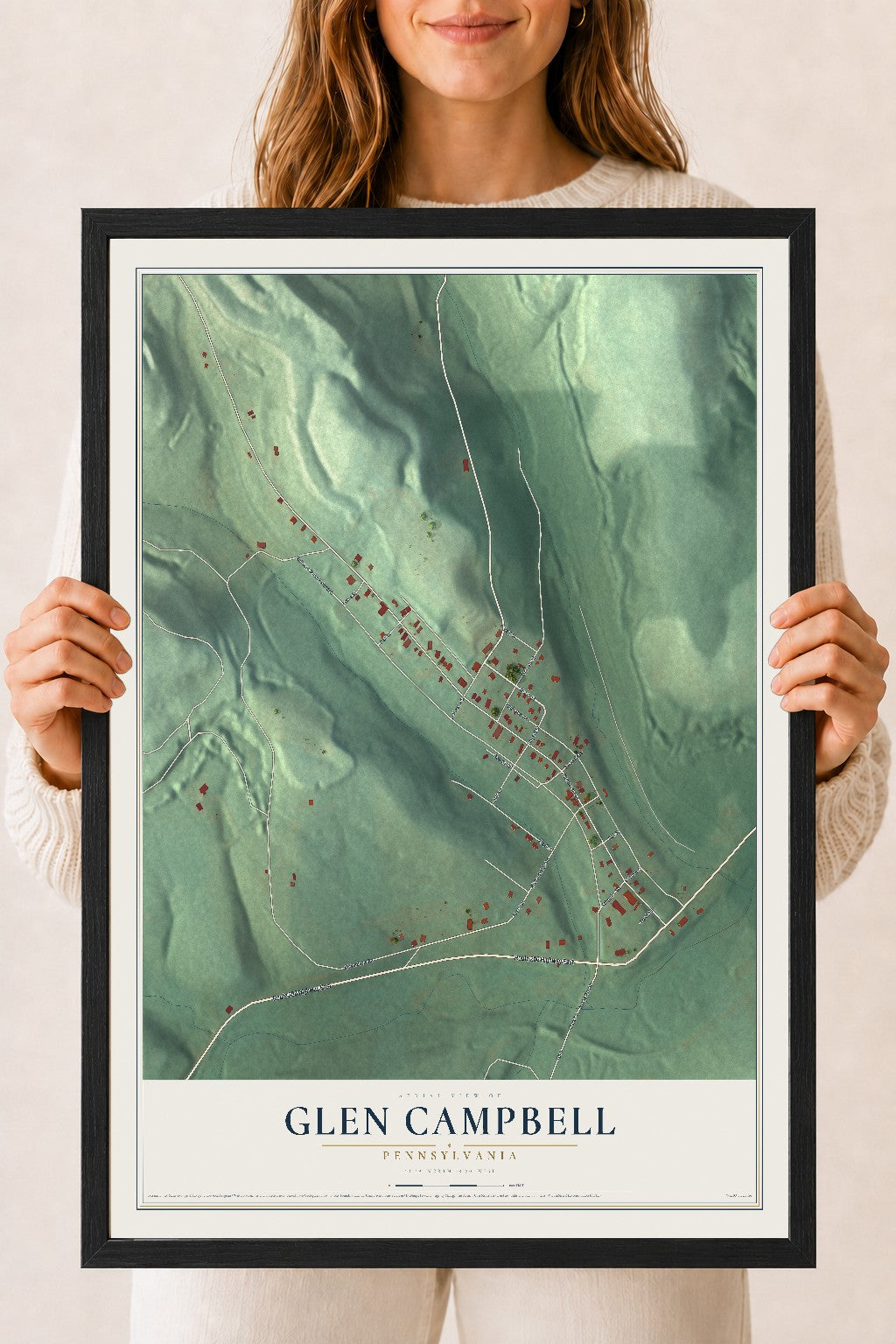 Map of Glen Campbell, Pennsylvania, 18 x 24 inch print in a black wood frame