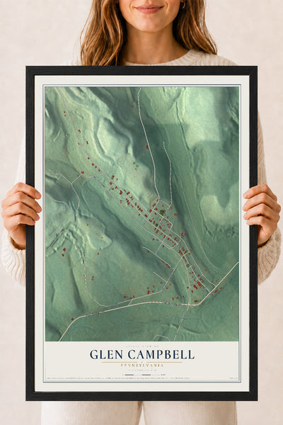 Map of Glen Campbell, Pennsylvania, 18 x 24 inch print in a black wood frame
