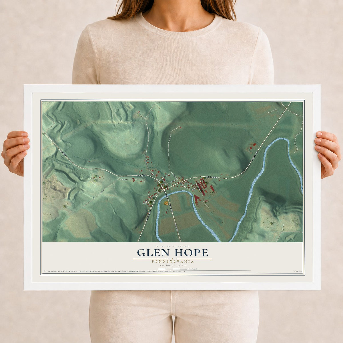 Map of Glen Hope, Pennsylvania, 12 x 18 inch print in a white wood frame