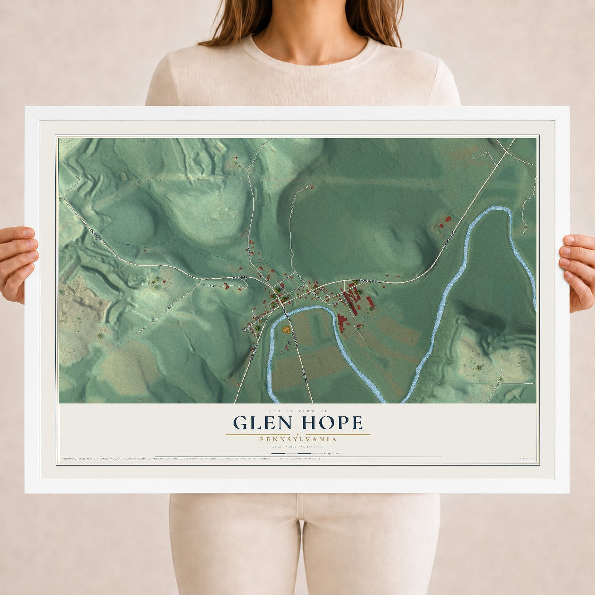 Map of Glen Hope, Pennsylvania, 18 x 24 inch print in a white wood frame