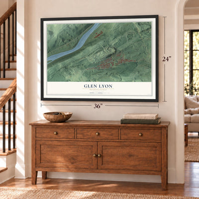 Glen Lyon, Pennsylvania map, 24 x 36 inch print in a black frame above a dresser by a staircase