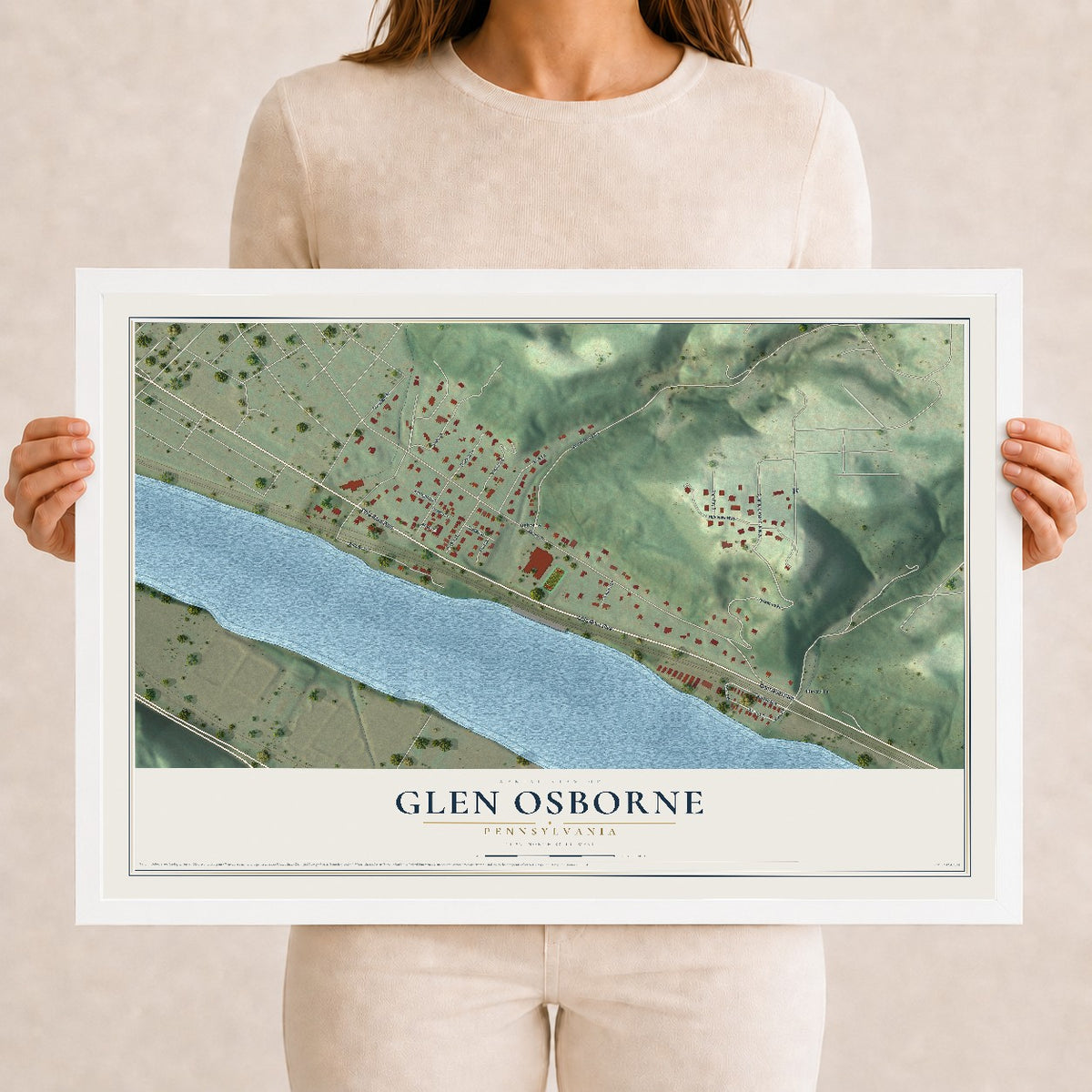 Map of Glen Osborne, Pennsylvania, 12 x 18 inch print in a white wood frame