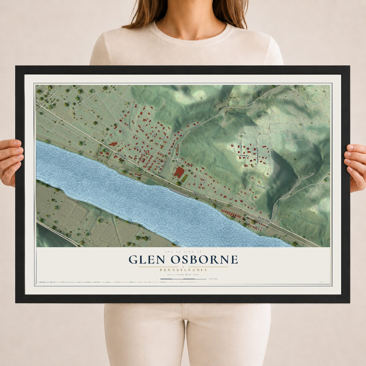 Map of Glen Osborne, Pennsylvania, 18 x 24 inch print in a black wood frame