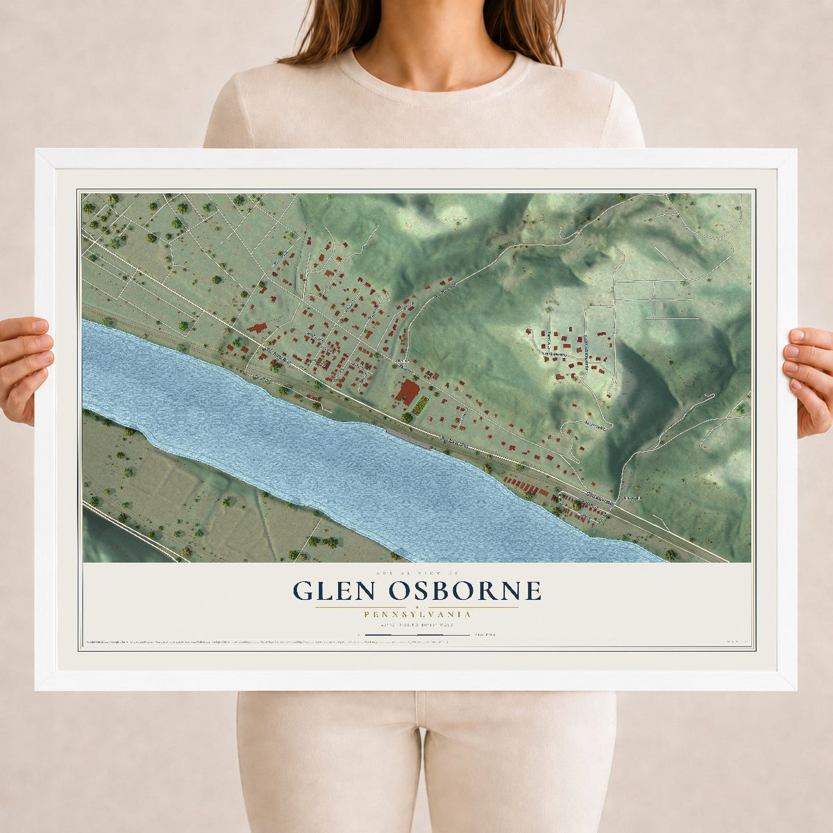 Map of Glen Osborne, Pennsylvania, 18 x 24 inch print in a white wood frame