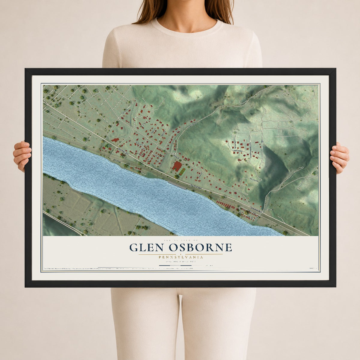 Map of Glen Osborne, Pennsylvania, 24 x 36 inch print in a black wood frame