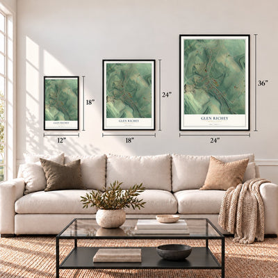 Glen Richey, Pennsylvania map in 12 x 18, 18 x 24 and 24 x 36 inch sizes above a sofa