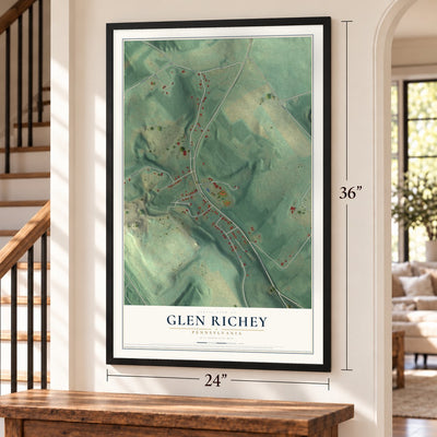 Glen Richey, Pennsylvania map, 24 x 36 inch print in a black frame by a staircase