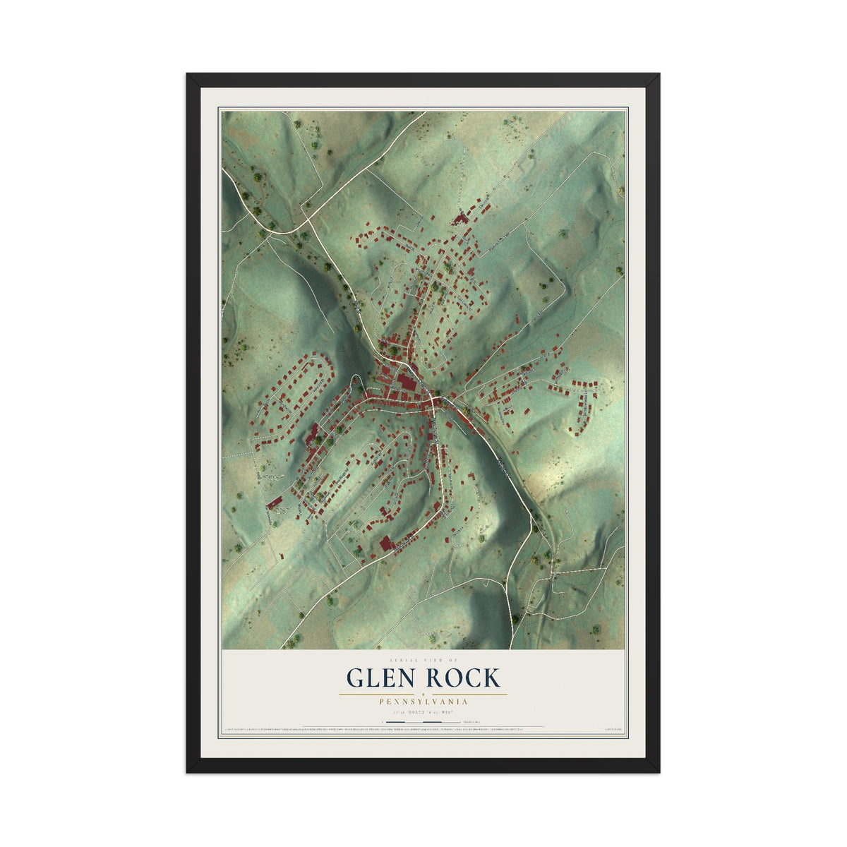 Map of Glen Rock, Pennsylvania, 12 x 18 inch print in a black wood frame