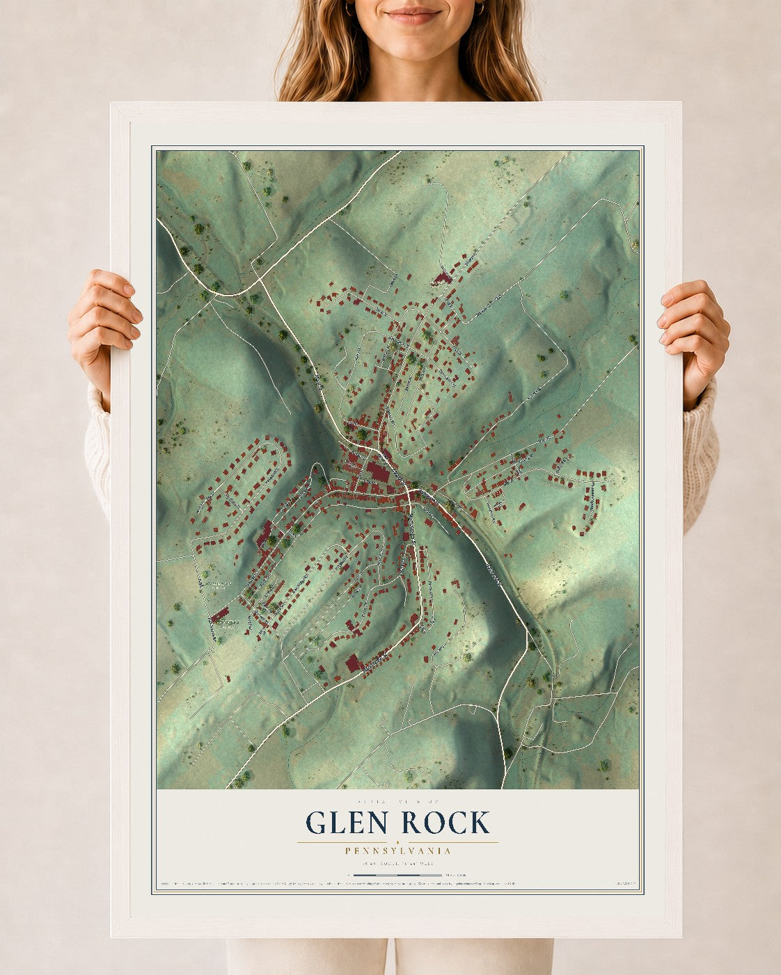 Map of Glen Rock, Pennsylvania, 24 x 36 inch print in a white wood frame