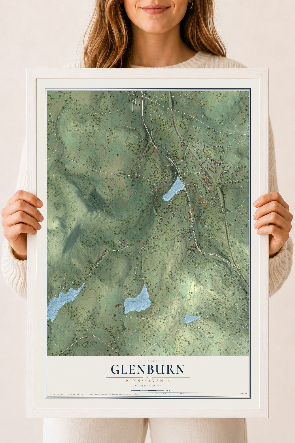 Map of Glenburn, Pennsylvania, 18 x 24 inch print in a white wood frame