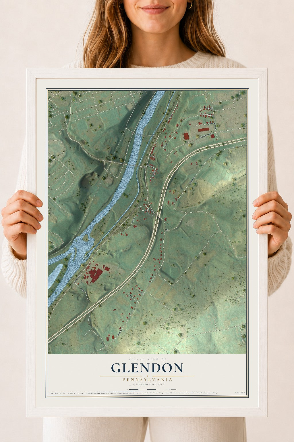 Map of Glendon, Pennsylvania, 18 x 24 inch print in a white wood frame