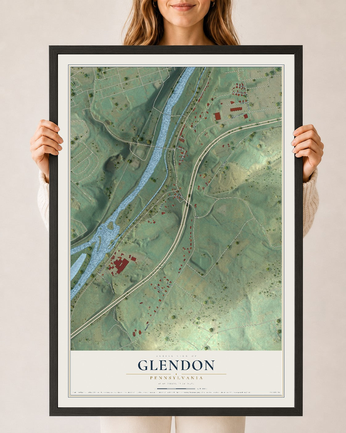 Map of Glendon, Pennsylvania, 24 x 36 inch print in a black wood frame