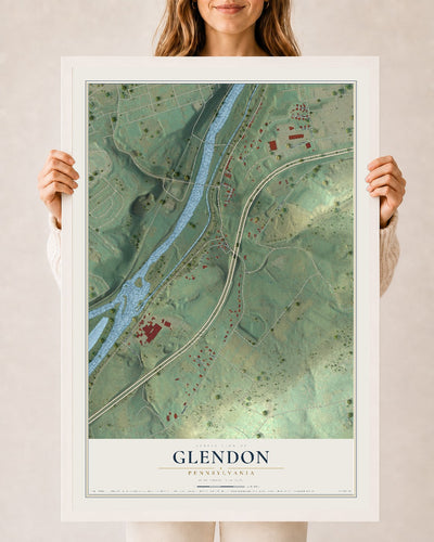 Map of Glendon, Pennsylvania, 24 x 36 inch print in a white wood frame