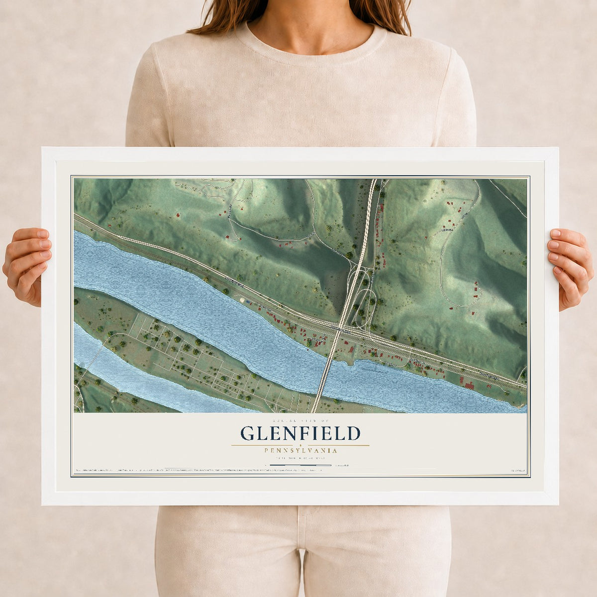 Map of Glenfield, Pennsylvania, 12 x 18 inch print in a white wood frame