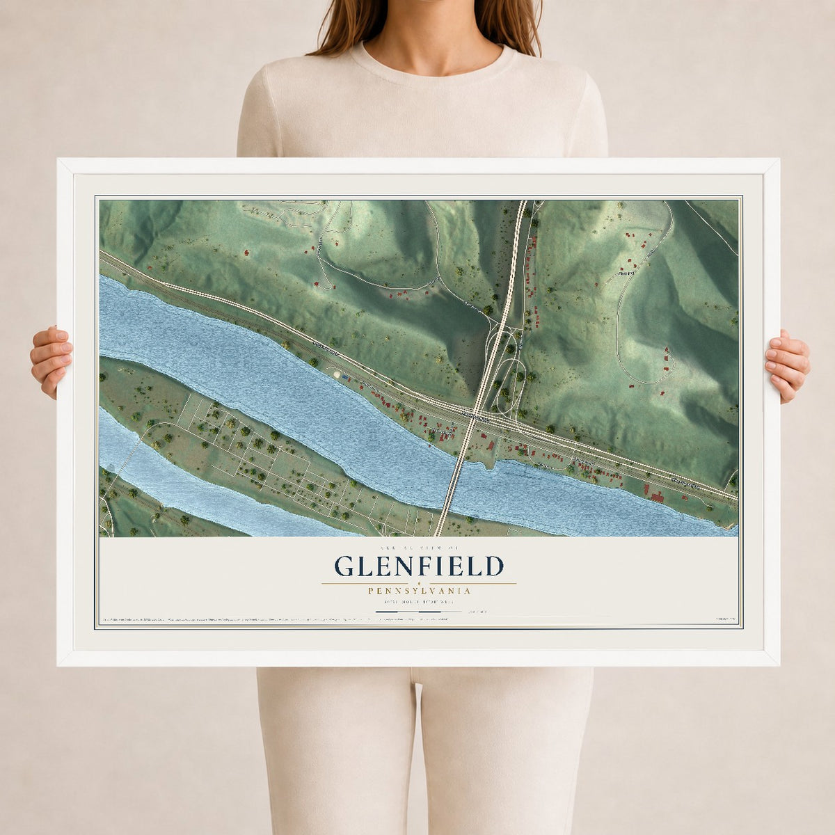 Map of Glenfield, Pennsylvania, 24 x 36 inch print in a white wood frame