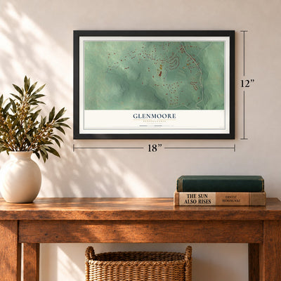 Glenmoore, Pennsylvania map, 12 x 18 inch print in a black frame in an entryway