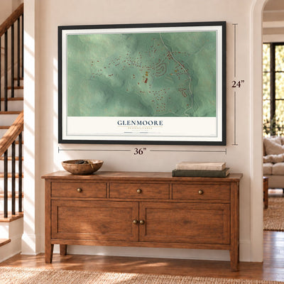 Glenmoore, Pennsylvania map, 24 x 36 inch print in a black frame above a dresser by a staircase