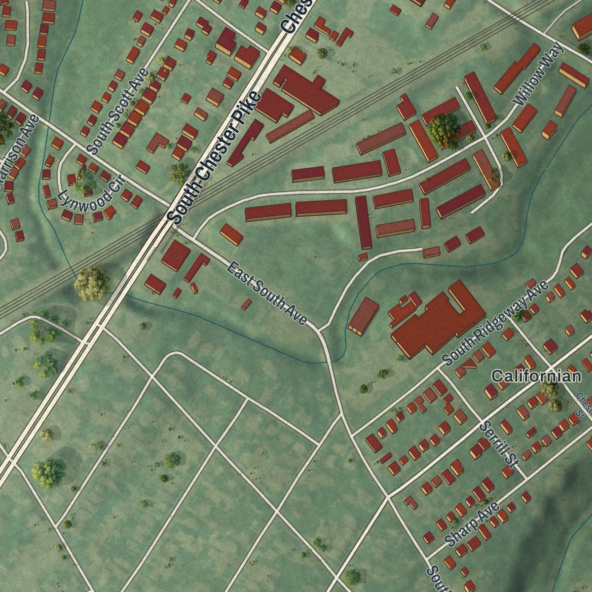 Second close-up of the map of Glenolden, Pennsylvania print showing more streets and buildings