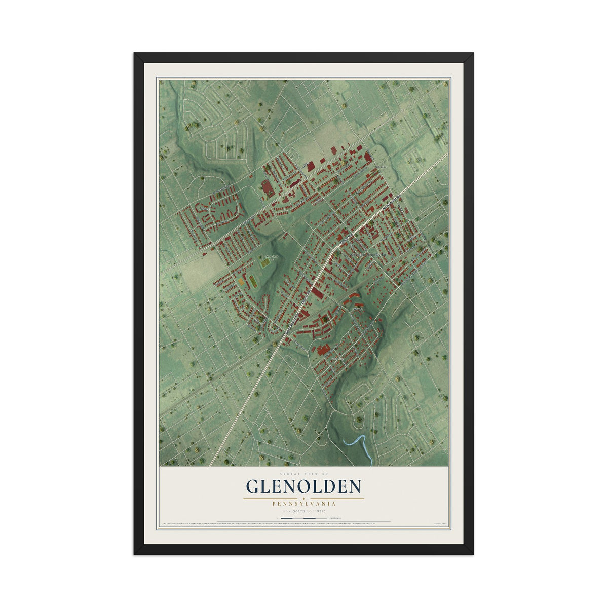 Map of Glenolden, Pennsylvania, 12 x 18 inch print in a black wood frame