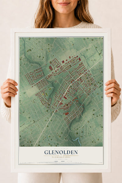Map of Glenolden, Pennsylvania, 18 x 24 inch print in a white wood frame