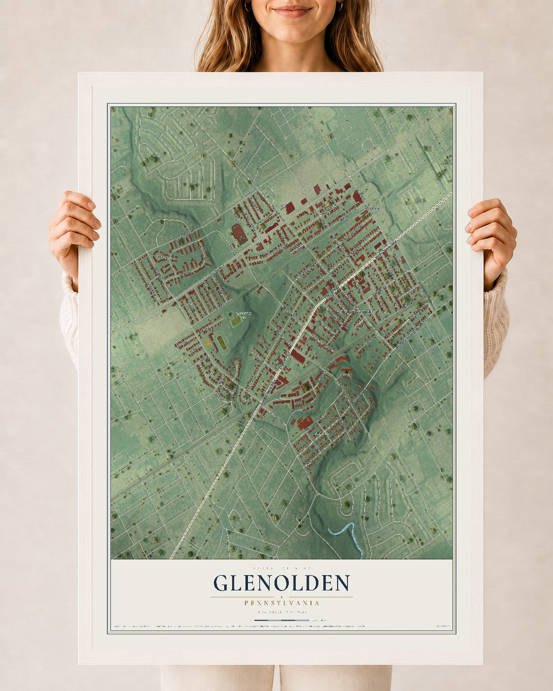 Map of Glenolden, Pennsylvania, 24 x 36 inch print in a white wood frame