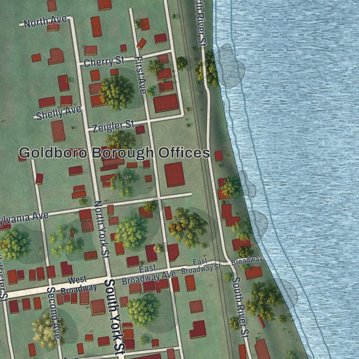 Close-up of the map of Goldsboro, Pennsylvania print showing street and building detail