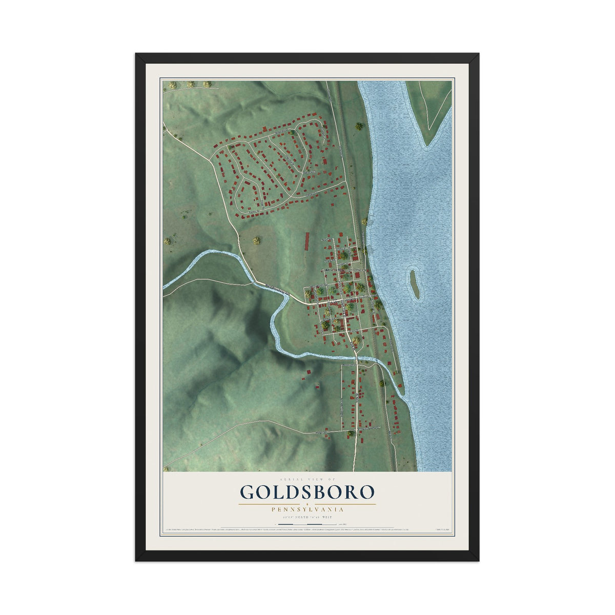 Map of Goldsboro, Pennsylvania, 12 x 18 inch print in a black wood frame