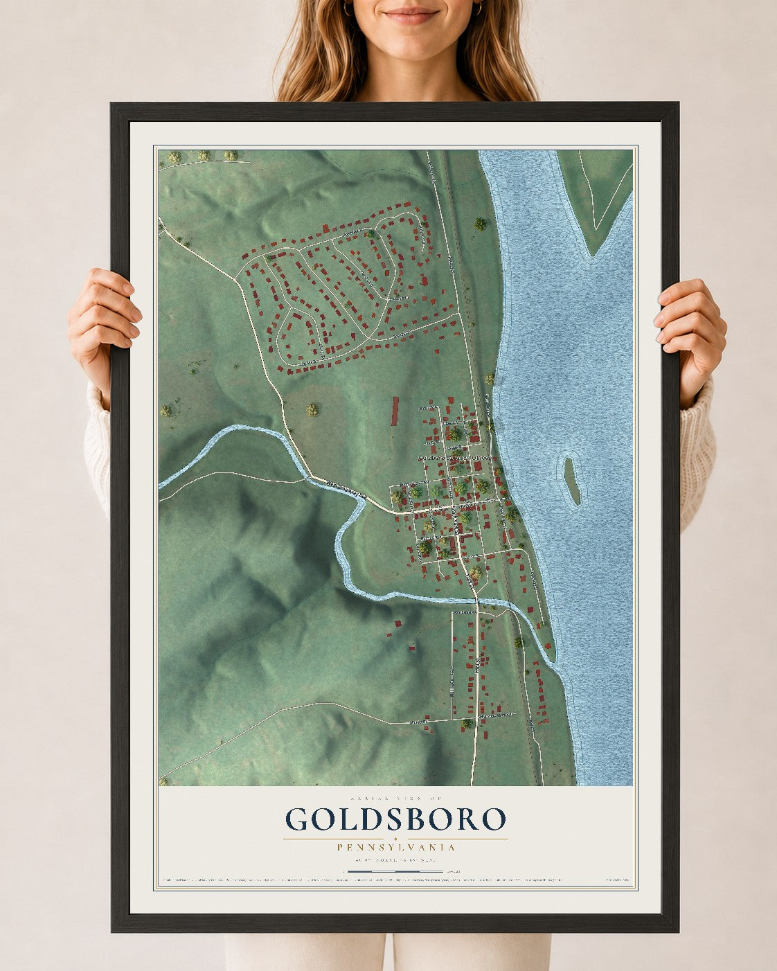 Map of Goldsboro, Pennsylvania, 24 x 36 inch print in a black wood frame