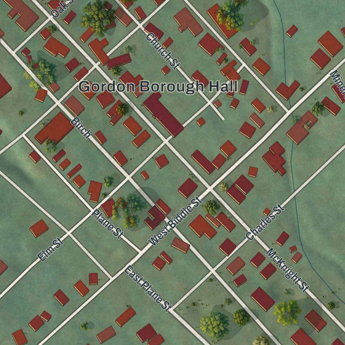 Close-up of the map of Gordon, Pennsylvania print showing street and building detail