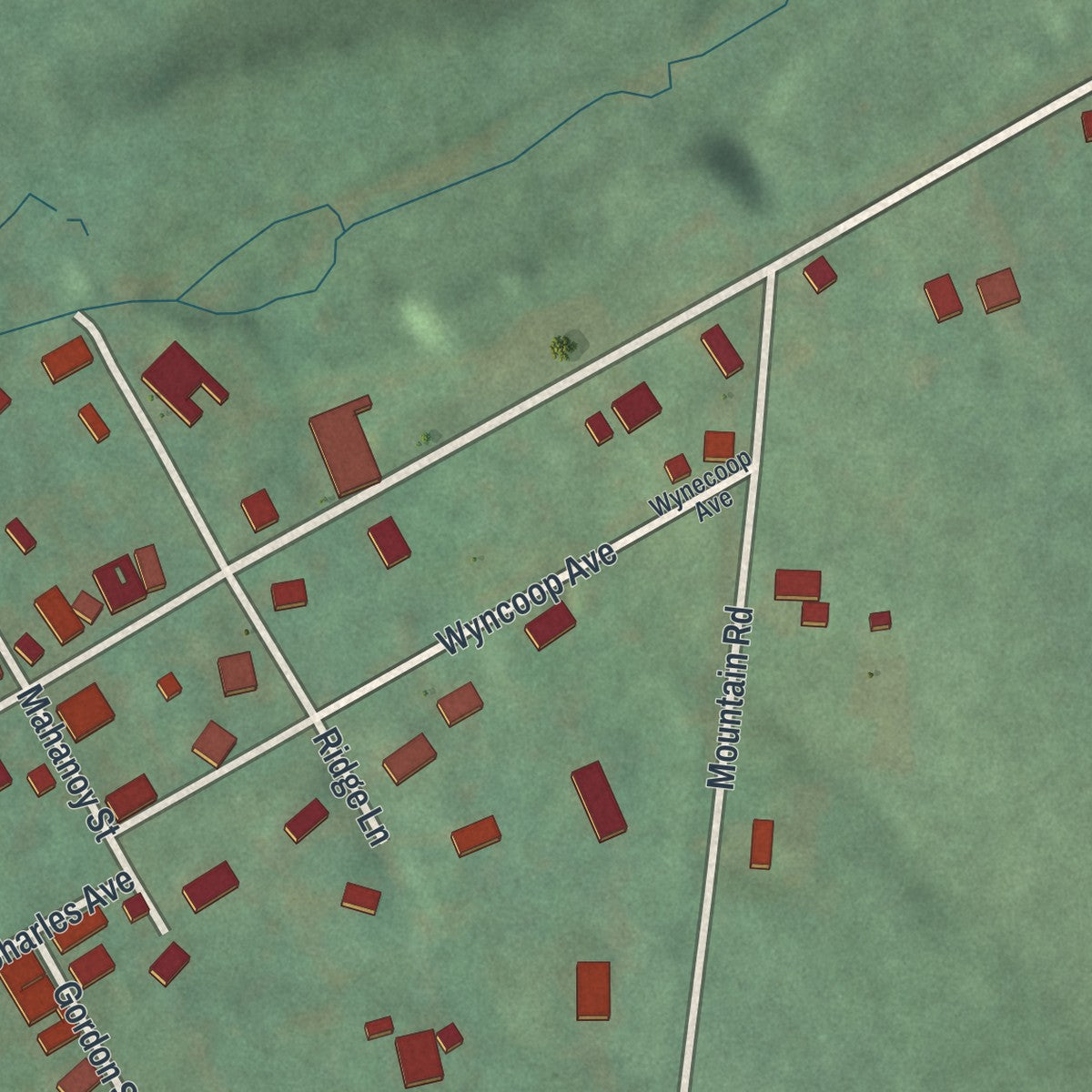 Second close-up of the map of Gordon, Pennsylvania print showing more streets and buildings