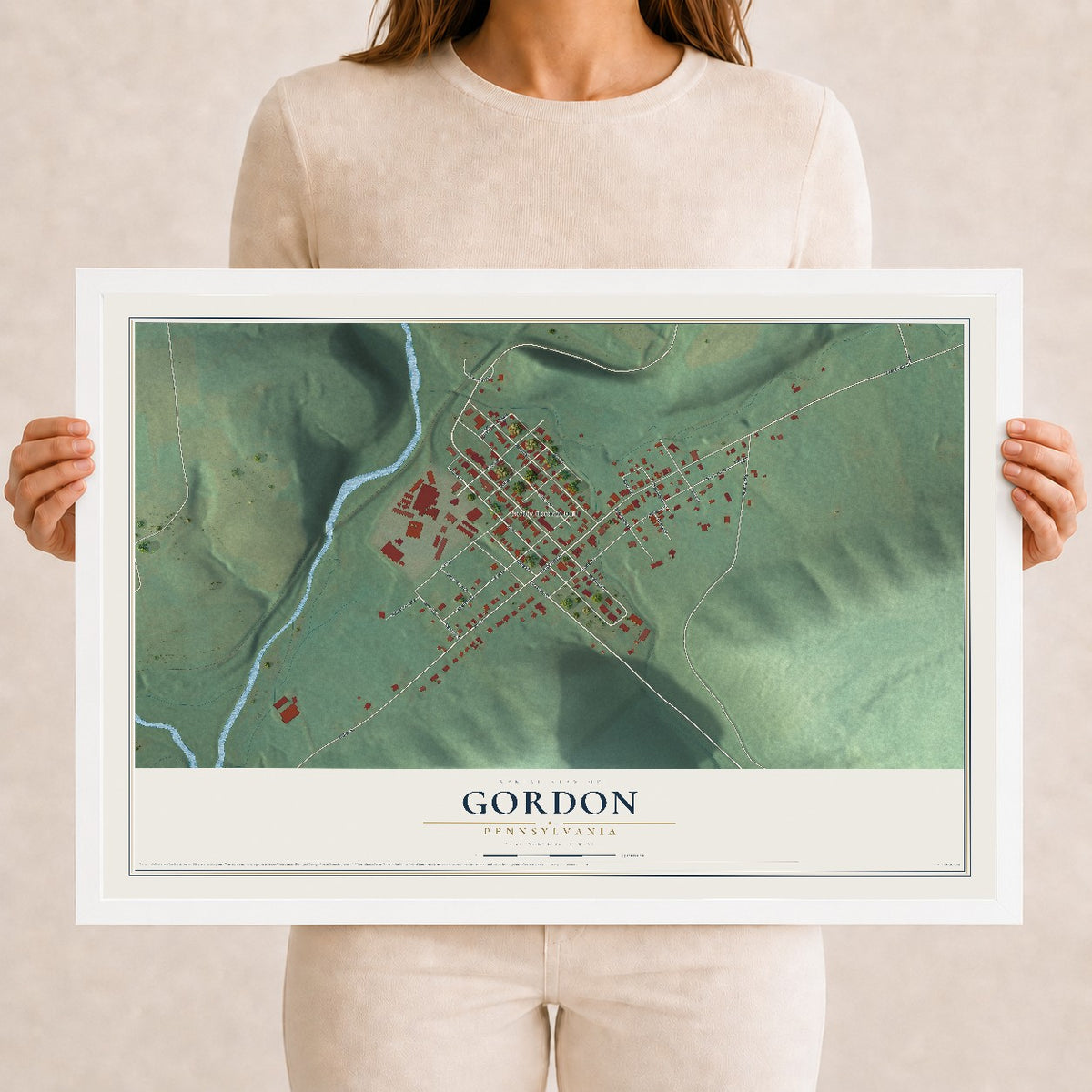 Map of Gordon, Pennsylvania, 12 x 18 inch print in a white wood frame