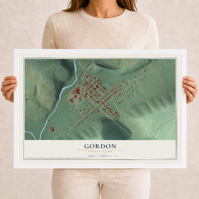 Map of Gordon, Pennsylvania, 12 x 18 inch print in a white wood frame