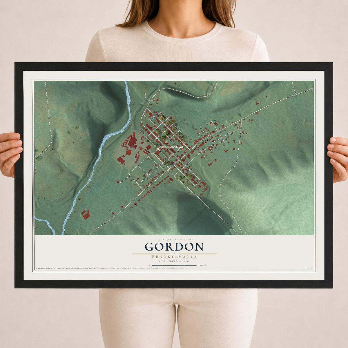 Map of Gordon, Pennsylvania, 18 x 24 inch print in a black wood frame