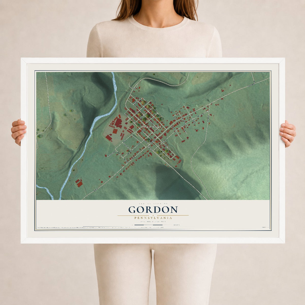 Map of Gordon, Pennsylvania, 24 x 36 inch print in a white wood frame