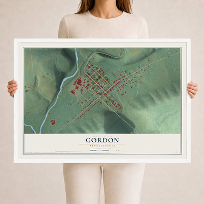 Map of Gordon, Pennsylvania, 24 x 36 inch print in a white wood frame