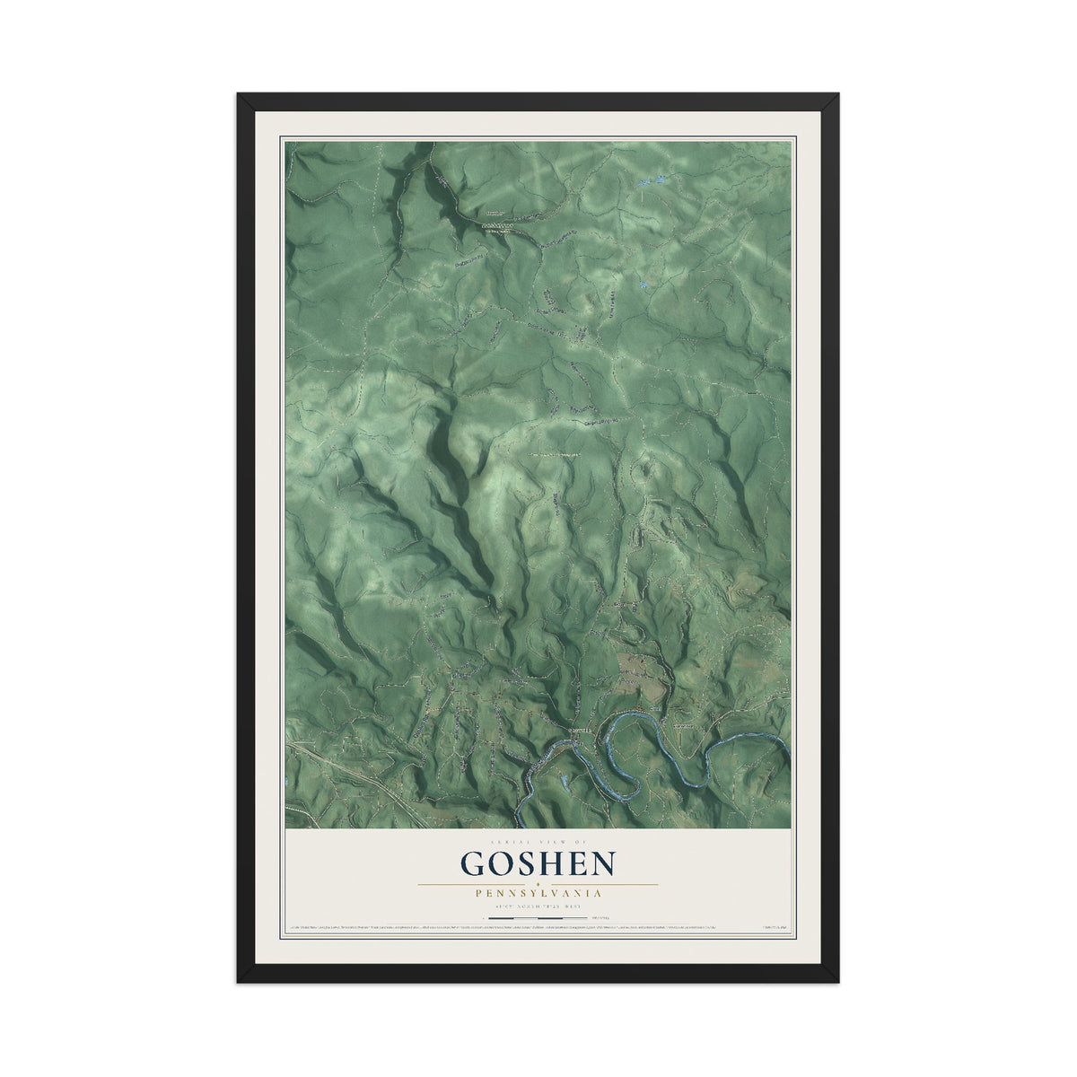 Map of Goshen, Pennsylvania, 12 x 18 inch print in a black wood frame