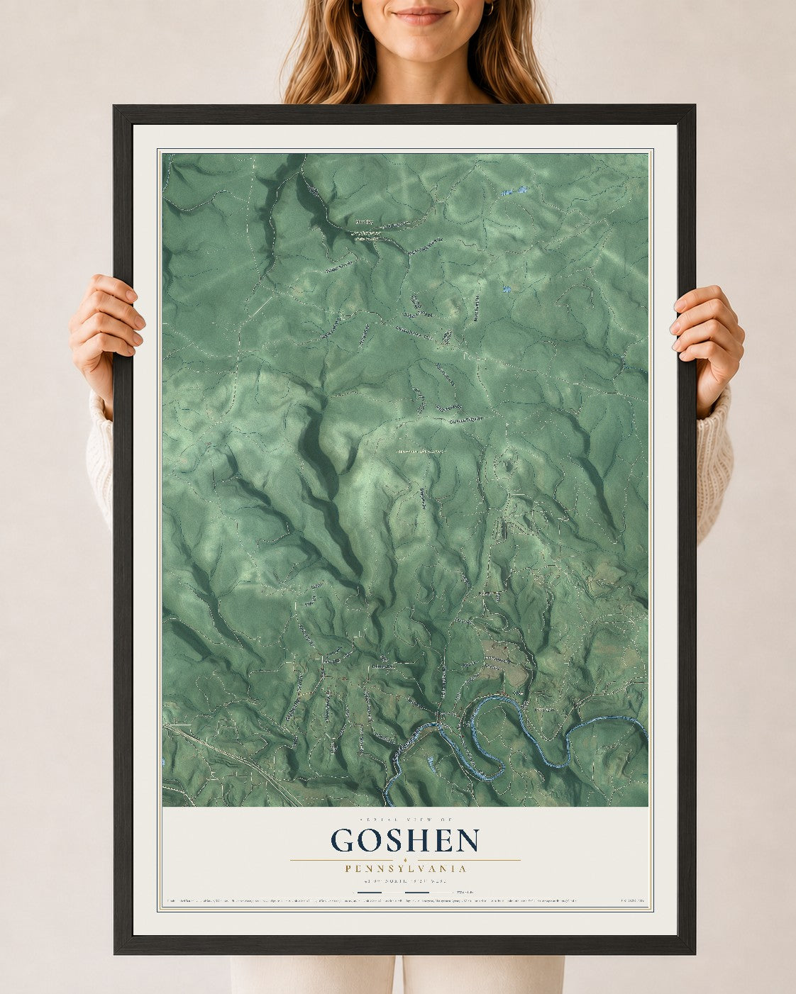Map of Goshen, Pennsylvania, 24 x 36 inch print in a black wood frame